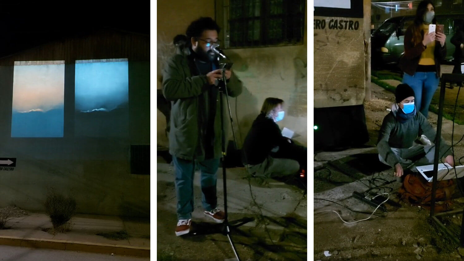 Tres fotografías, una de dos paisajes sobre una pared, otra de un hombre leyendo frente a un micrófono, y otra de un hombre sentado frente a un computador portátil