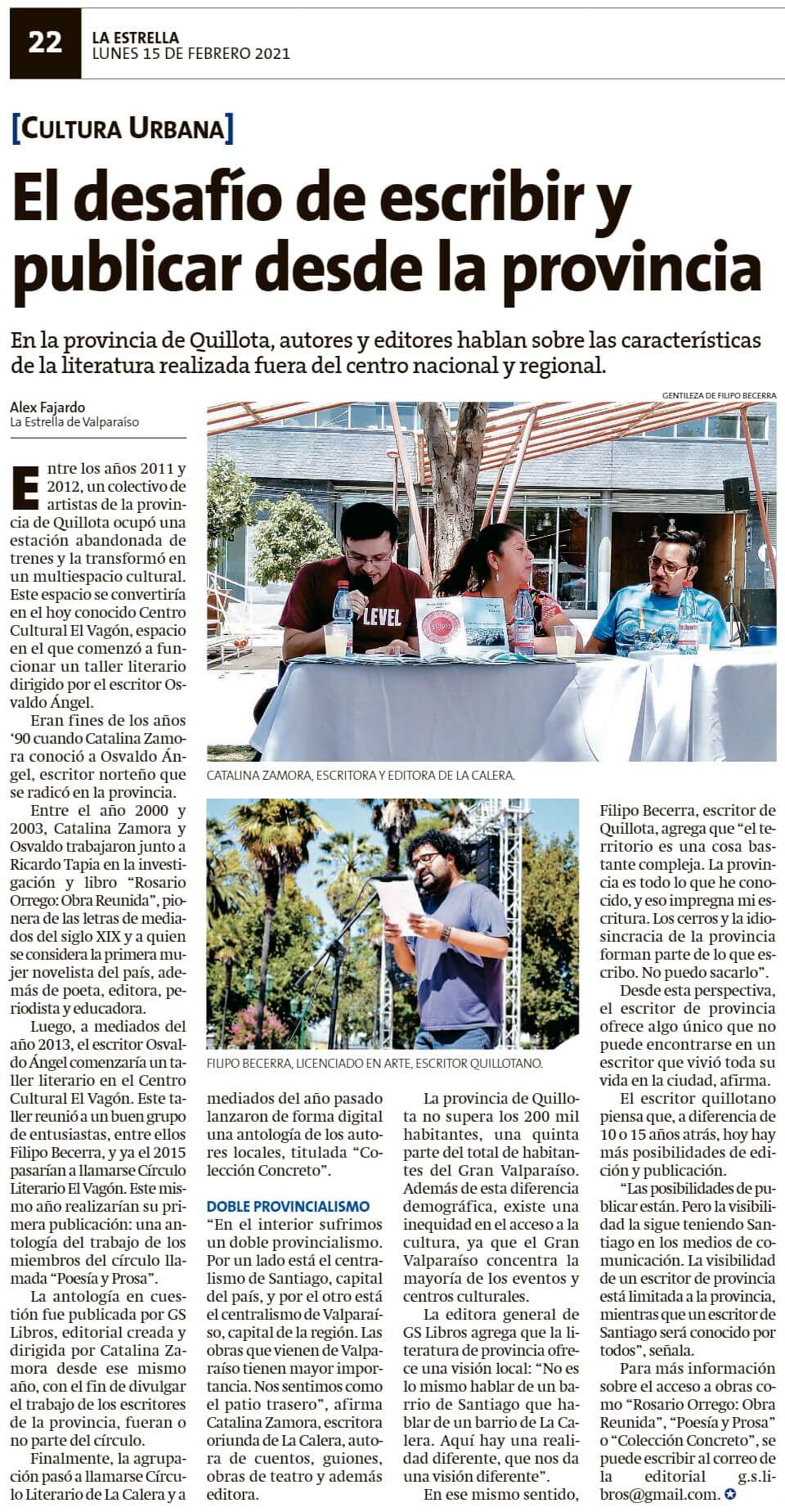 Nota de periódico que dice El desafío de escribir y publicar desde la provincia, con una fotografía de tres personas frente a una mesa, y otra fotografía de un hombre leyendo un papel